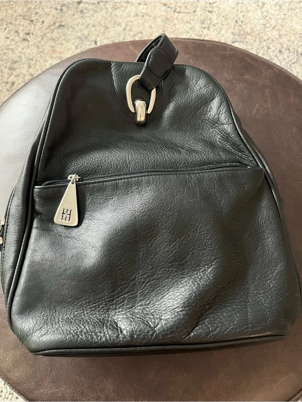 Hillard & Hanson Black Genuine Leather Backpack with Silver Hardware